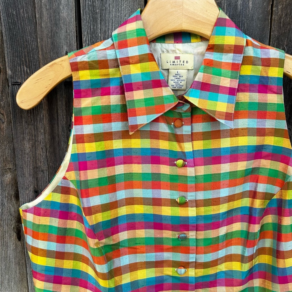 Vintage Limited America Check Plaid Silk Sleeveless Shirt Rainbow Color L - Picture 3 of 15